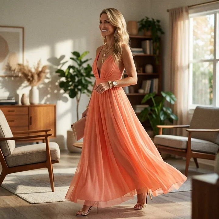 Elegantes oranges Damen Maxikleid, vielseitiges Sommer- oder Abendkleid für Hochzeitsgäste mit V-Ausschnitt.