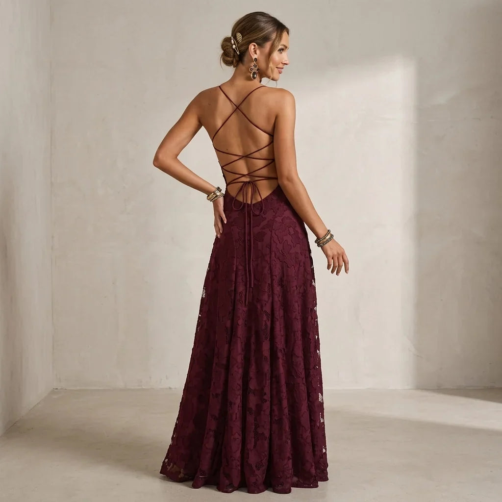 Stilvolles weinrotes Damen Maxikleid, elegantes Abendkleid in A-Linie. Ideal als Hochzeitsgastkleid oder für Galas.