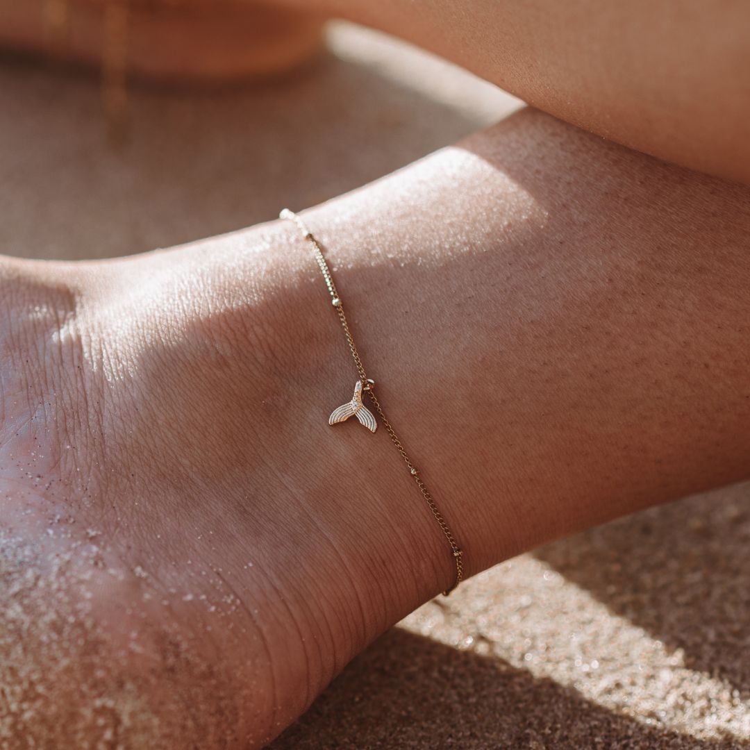 Elegante Damen Meerjungfrau Fußkette in Gold & Silber, wasserfestem Edelstahl. Perfekter Strandschmuck.