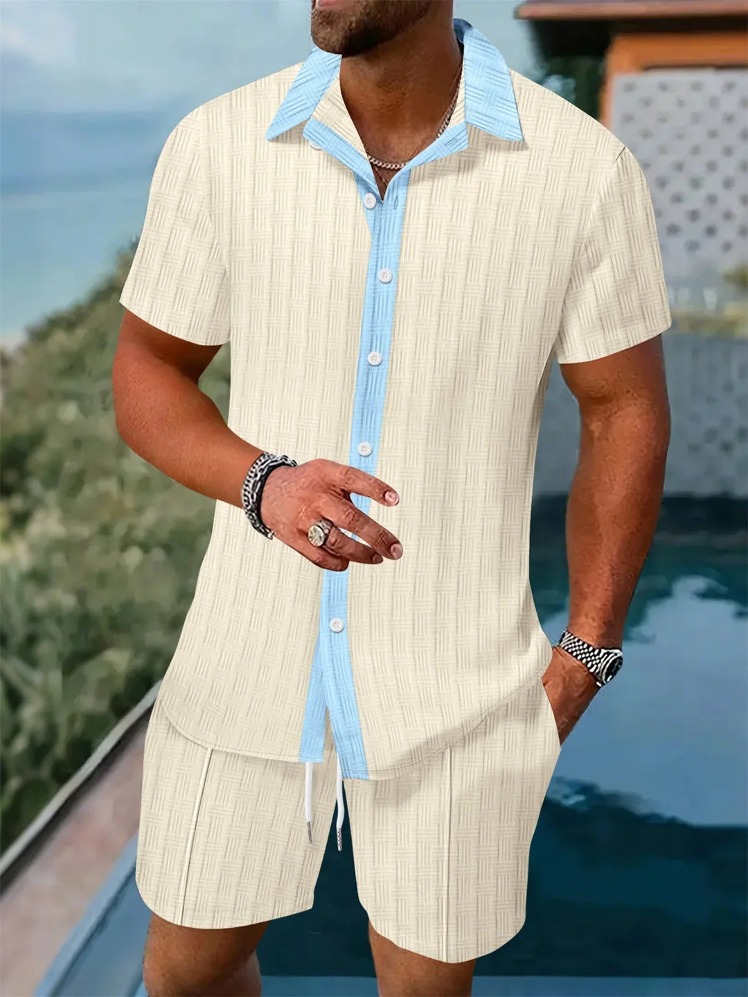 Herren Sommer Zweiteiler: Bequemes Relaxed Fit Kurzarmhemd & Shorts für Freizeit, Strand & Urlaub.