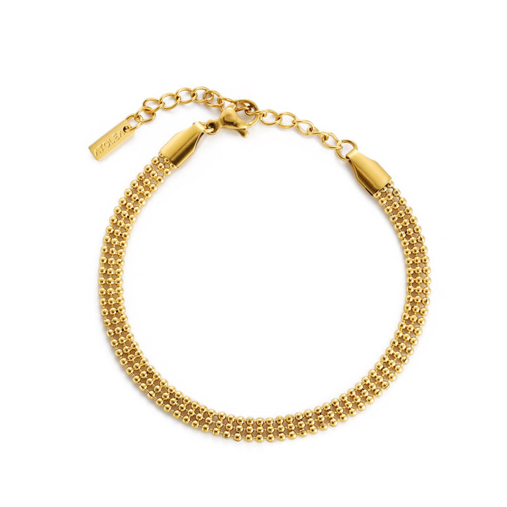 Damen Gliederarmband in Gold am Handgelenk getragen, verstellbar, wasserfest und hypoallergen, perfekt für jeden Tag.