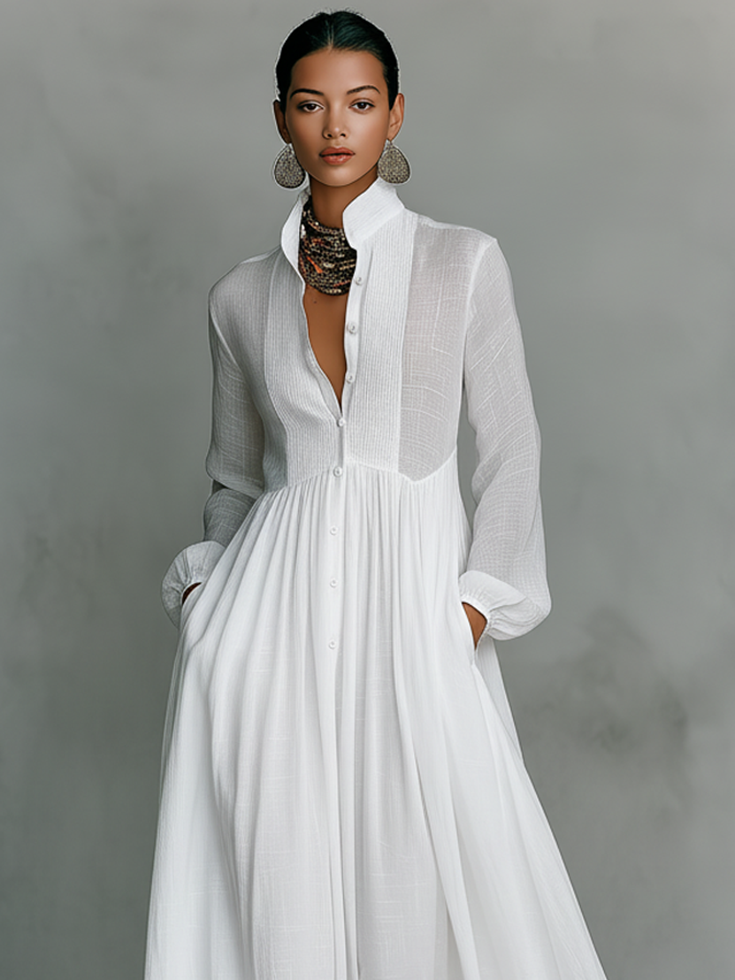 Elegantes Damen Maxikleid mit Stehkragen & langer Knopfleiste, ideal für Freizeit & Sommer-Looks.
