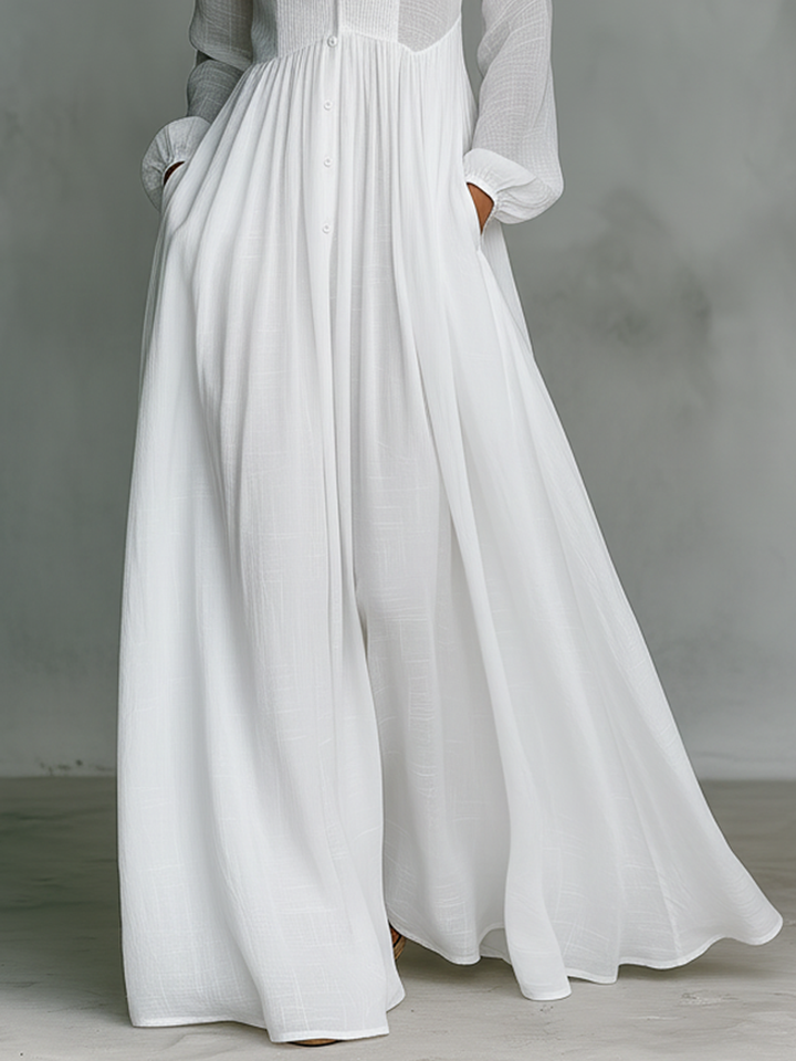 Fließendes langes Damen Maxikleid mit Stehkragen, Knopfleiste, zeitlos elegant für jede Figur.