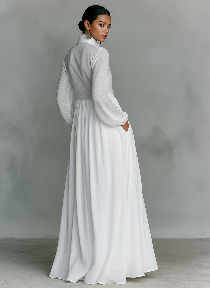 Zeitloses Damen Maxikleid mit Stehkragen, Knopfleiste, fließendem Stoff; elegantes Sommer-Freizeitkleid.