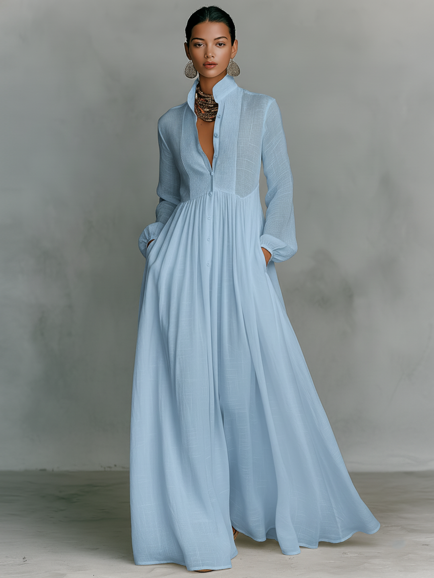 Langes, elegantes Damen Maxikleid mit Stehkragen & durchgehender Knopfleiste, ideal für Sommer & Freizeit.