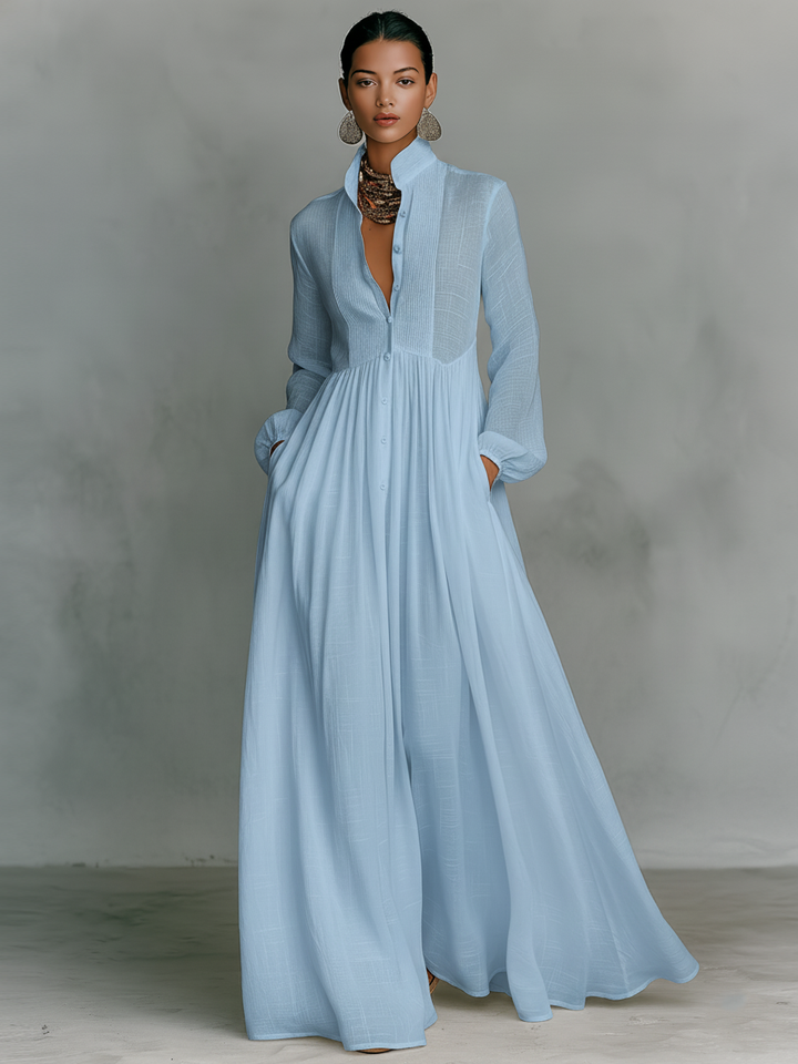 Langes, elegantes Damen Maxikleid mit Stehkragen & durchgehender Knopfleiste, ideal für Sommer & Freizeit.