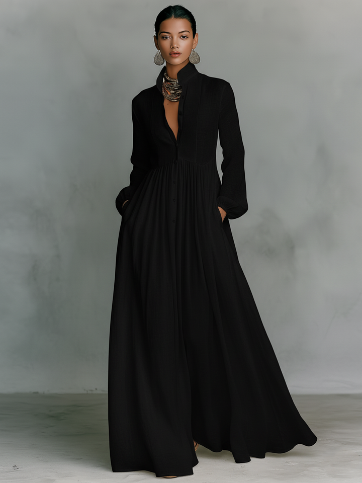 Vielseitiges Damen Maxikleid mit Stehkragen & Knopfleiste, elegant für Sommer, Freizeit oder besondere Anlässe.