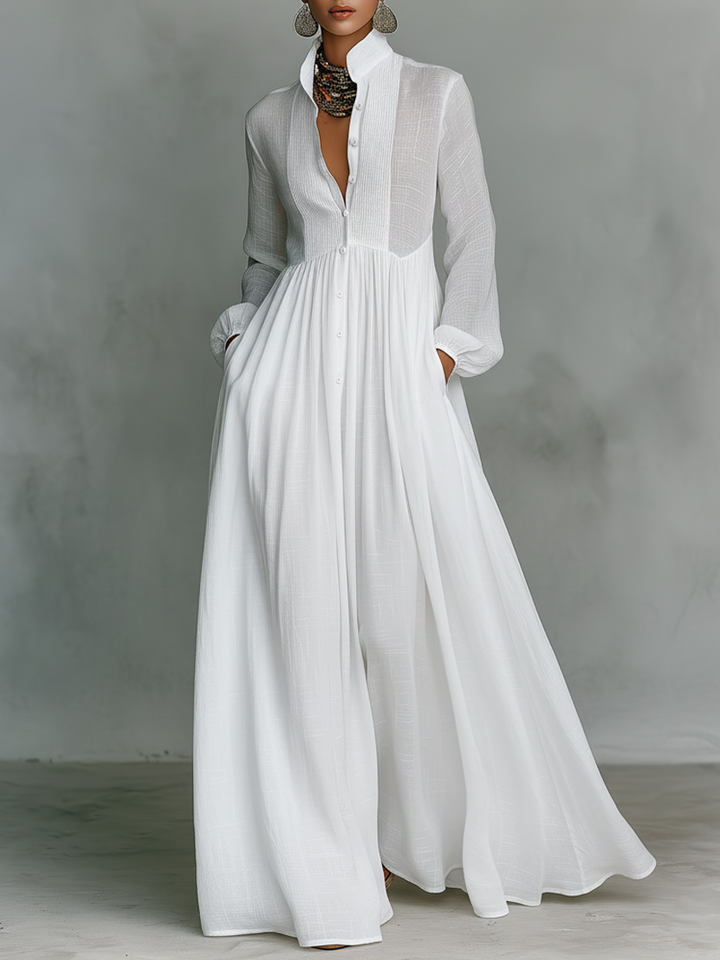 Damen Maxikleid mit Stehkragen & Knopfleiste, elegant & fließend, perfekt für den Sommer.
