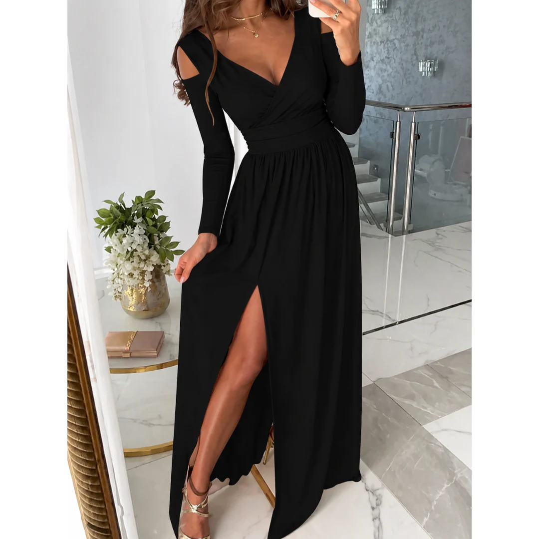 Glamouröses, langärmeliges Damen Eventkleid. Elegantes Maxikleid mit V-Ausschnitt für Hochzeit & Party.