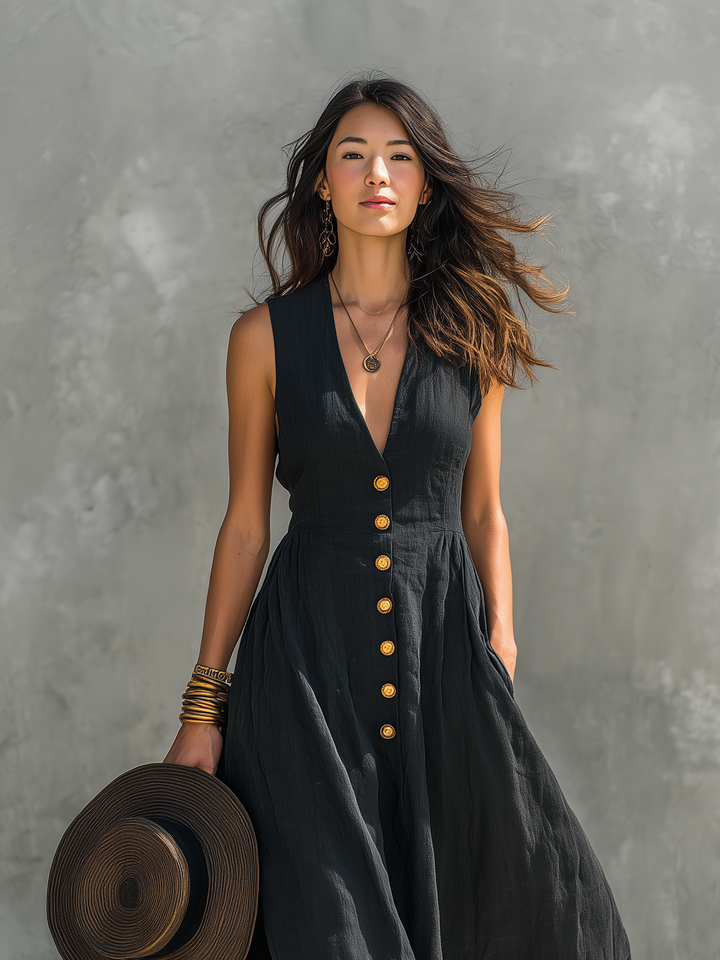 Bequemes schwarzes V-Ausschnitt Damen Maxikleid, ärmellos. Vielseitiges Sommer- oder Freizeitkleid für jeden Tag.