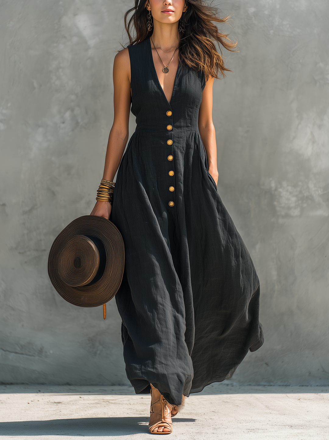 Elegantes schwarzes Damen Maxikleid mit V-Ausschnitt, ärmellos, lang und fließend. Ideal für Abend & besondere Anlässe.