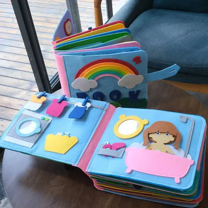 Montessori Filz-Abenteuerbuch für Kinder, fördert Feinmotorik, Kreativität und frühes Lernen.
