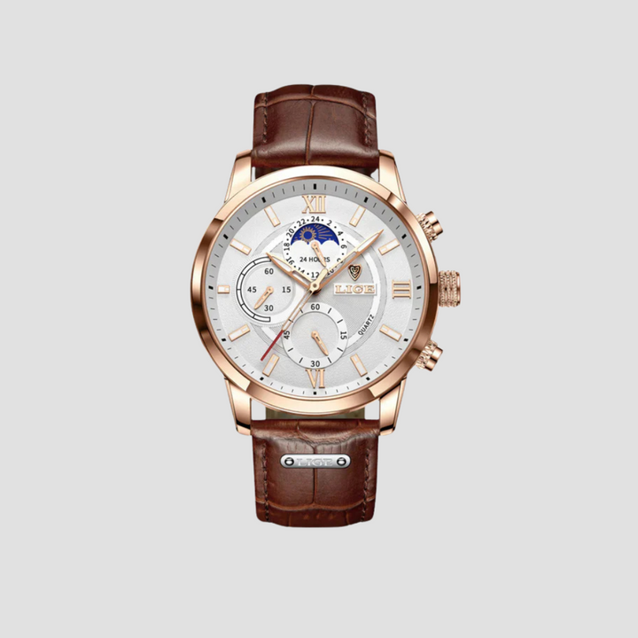 Klassische Davion Herrenuhr mit präzisem Quarzwerk und elegantem Echtlederarmband. Zeitloses Herrenaccessoire.