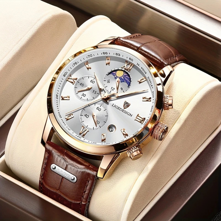 Elegante Davion Herrenuhr mit schwarzem Zifferblatt, goldenen Akzenten und klassischem braunem Lederarmband.
