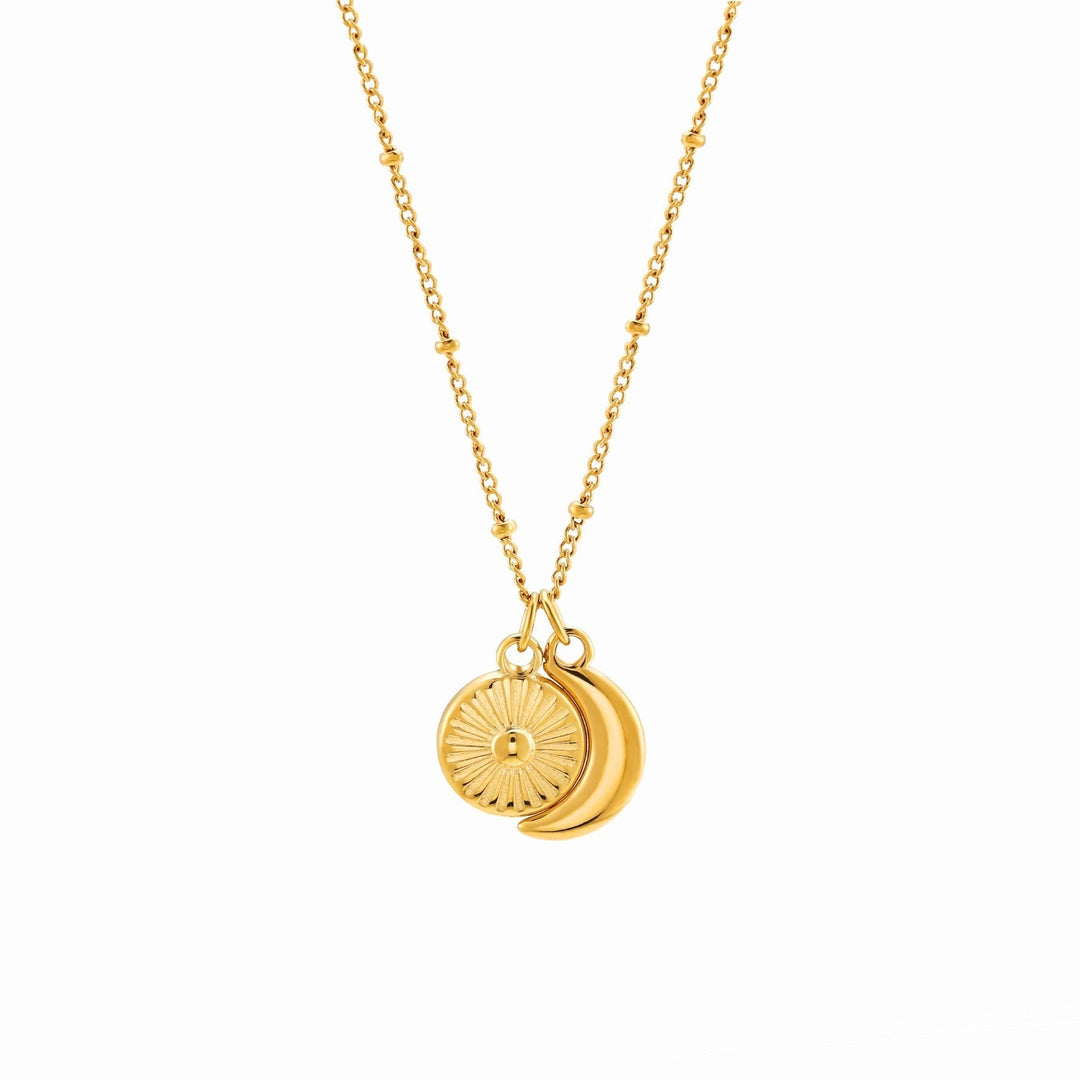 Minimalistische goldene Damen Halskette Sonne Mond, elegante Geschenkidee für Frauen.
