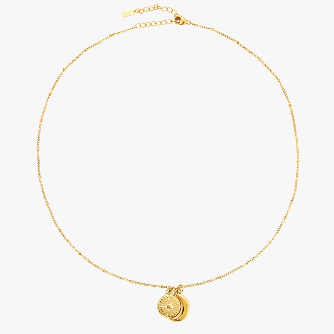 Damen Edelstahl Halskette in Gold mit Sonne-Mond-Anhänger, wasserfest & langlebig.
