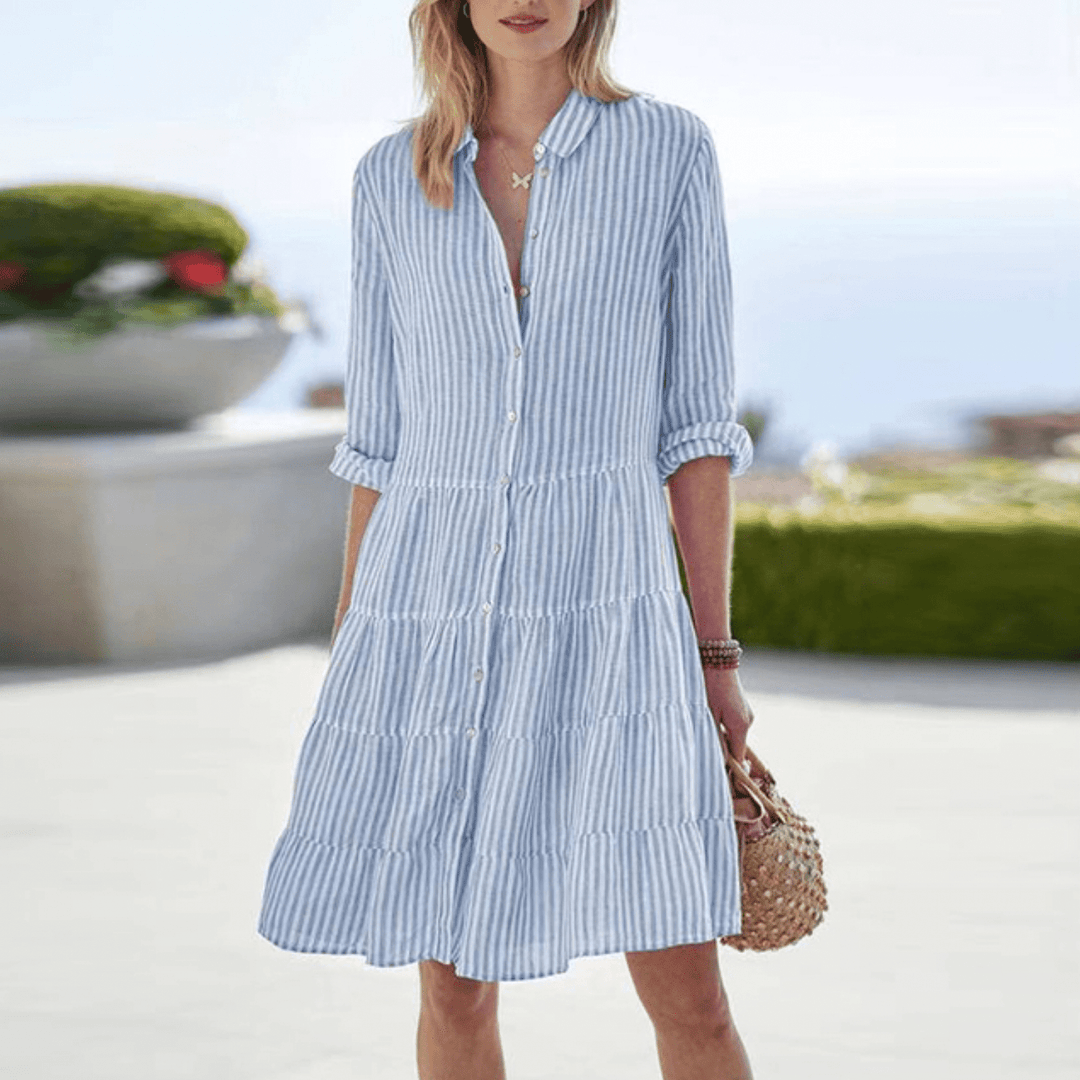 Elegantes Damen Sommerkleid, gestreiftes Midikleid für Hochzeitsgäste und festliche Anlässe, stilvolles Sommeroutfit.