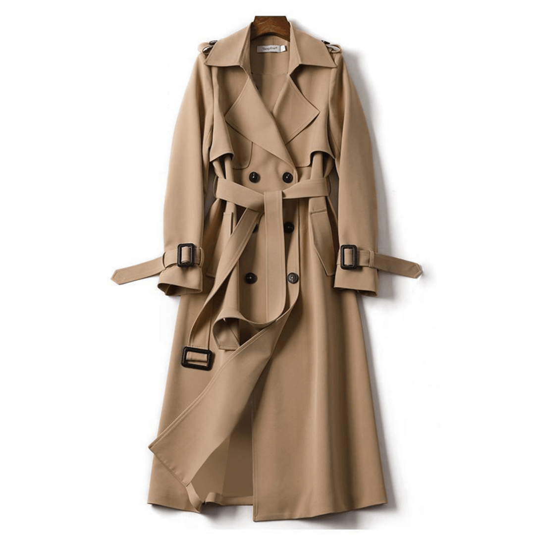 Hochwertiger Damen Trenchcoat mit Taillengürtel. Femininer Langmantel für elegante Frühlingsmode.