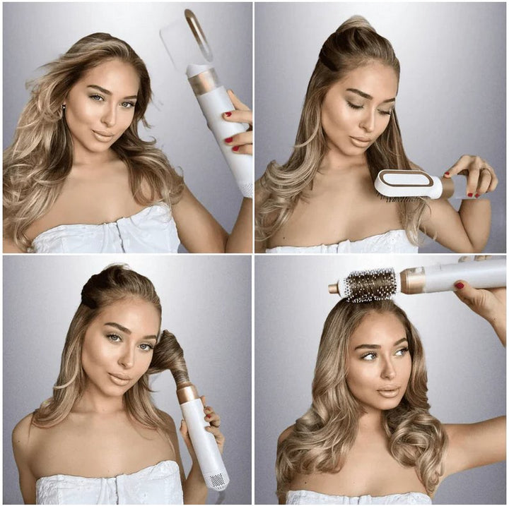 Der Hauptkörper des 5-in-1 Airstylers mit allen 5 wechselbaren Styling-Aufsätzen, einsatzbereit.