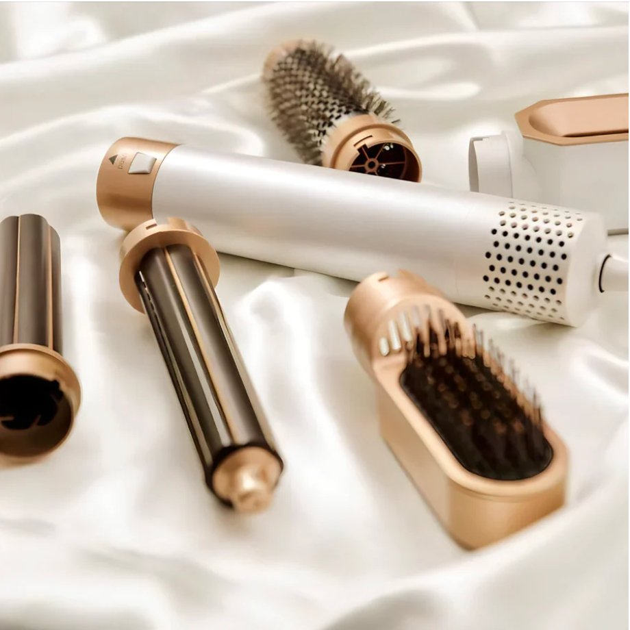 Damen Haarstyler mit 5 Aufsätzen für professionelles Styling zu Hause: Locken, Volumen, Glätten.