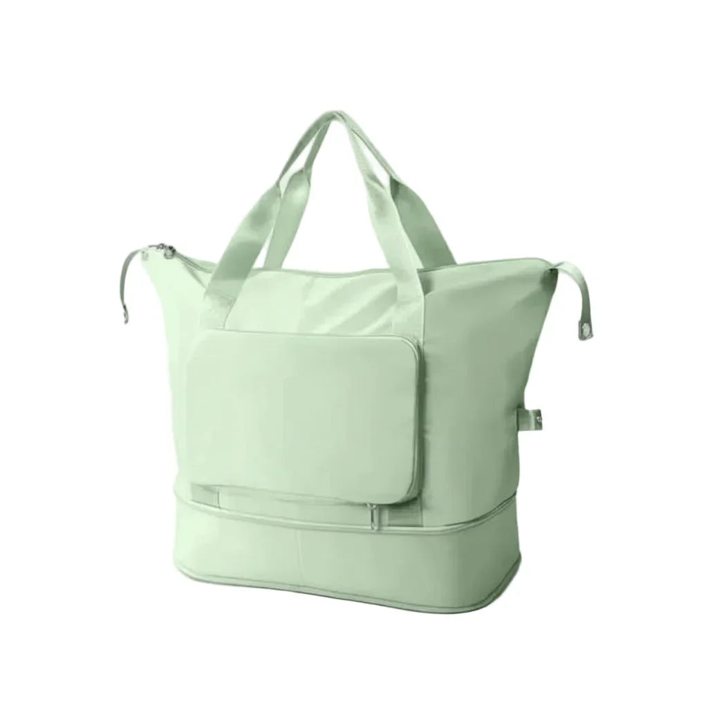 Hellgrüne faltbare Reisetasche mit Gepäckgurt, erweiterbar. Robuste Handgepäcktasche & idealer Kurztrip-Begleiter.