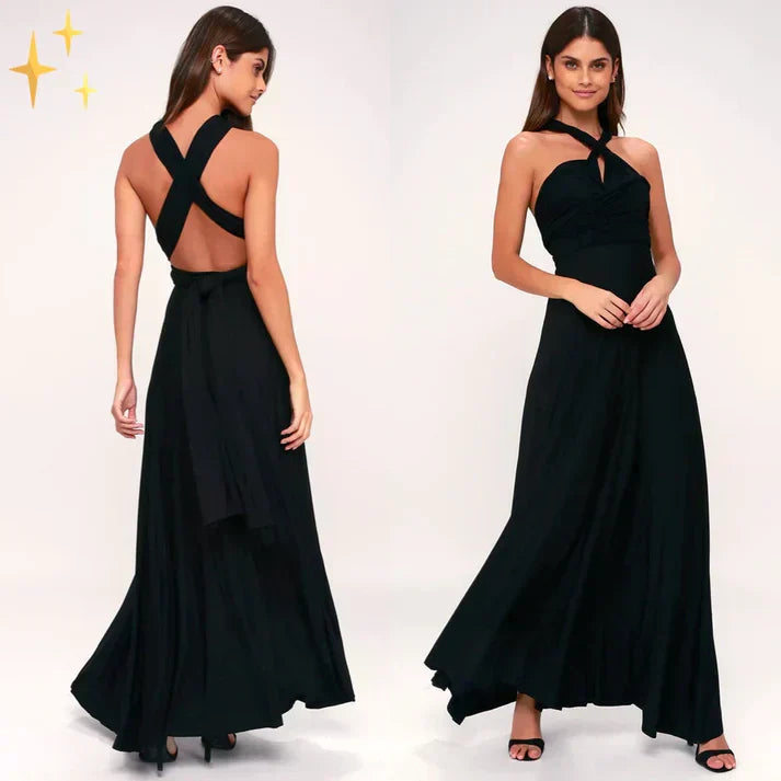 Festliches Damenkleid, wandelbares Wickelkleid als Maxikleid, ideal für Party und Strand.