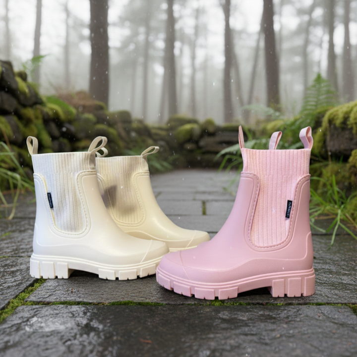 Rosa halbhohe Gummistiefel für Damen, wasserdicht, rutschfest und sehr bequem.