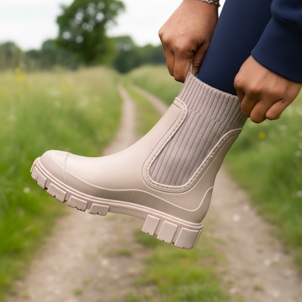 Aprikosenfarbene Damen Stiefeletten Gummistiefel, wasserdicht, rutschfest & stilvoll.