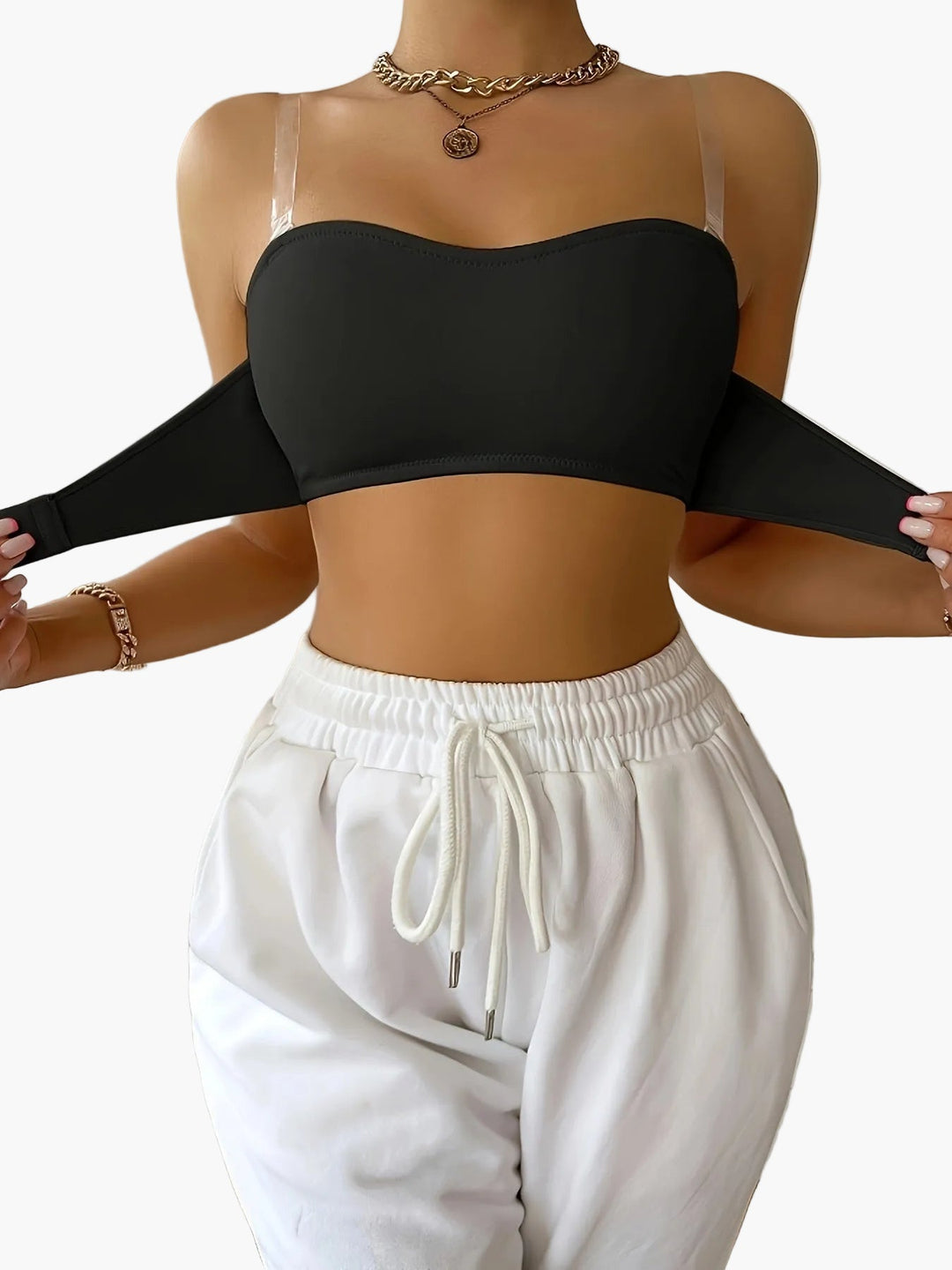 Damen nahtloser Bandeau BH mit transparenten Trägern für Komfort und Halt.