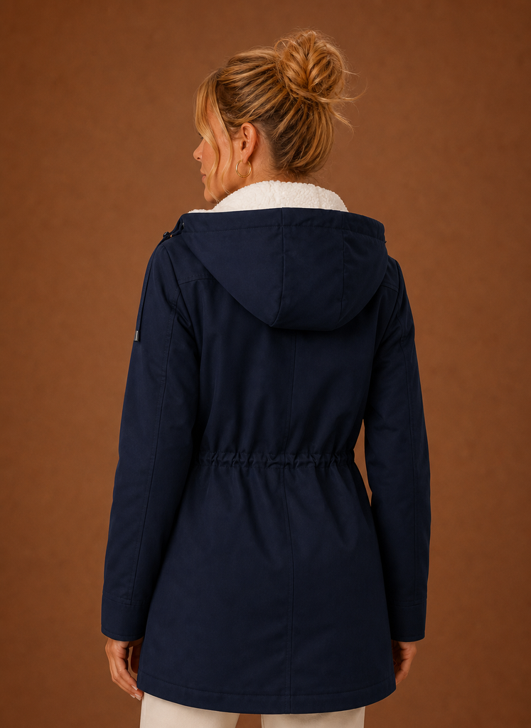 Seitenansicht des langen Damen Parkas: Warme Kapuzenjacke für Wintermode, ideal für kalte Tage.
