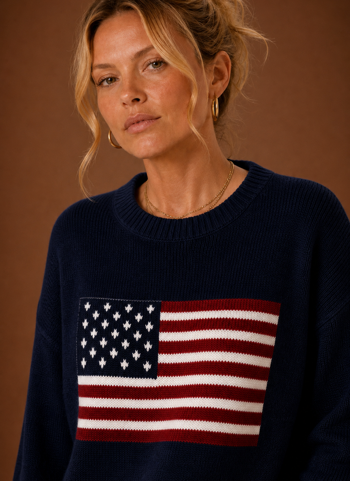 Warmer Damen Strick-Pullover, Rundhals, mit detailreichem Flaggen-Design. Herbst/Winter Mode.