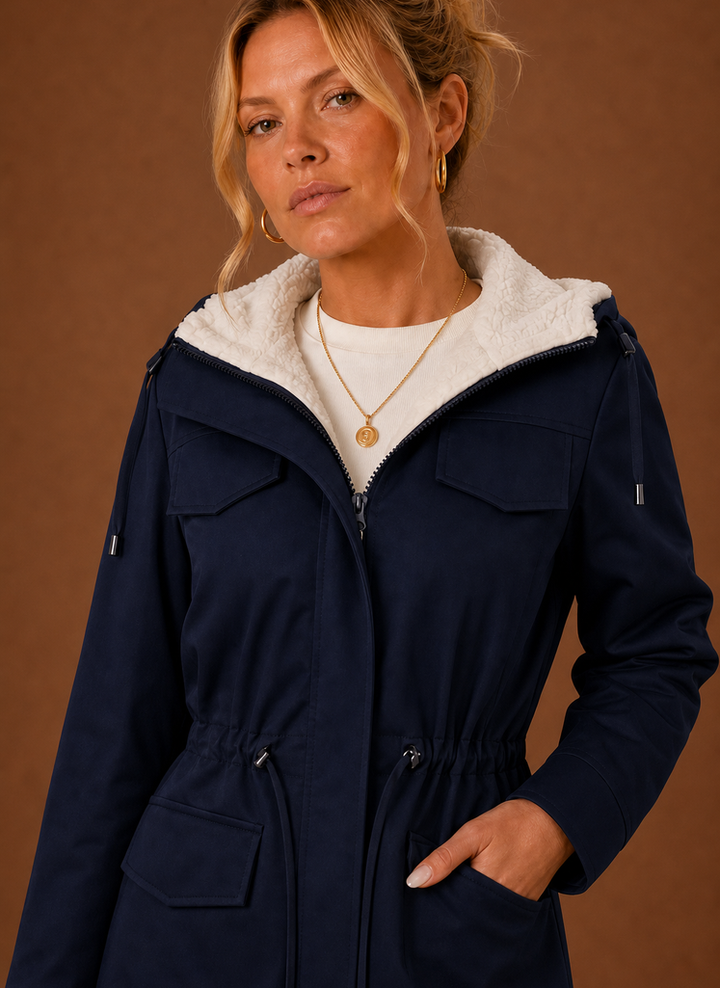Frau trägt warmen, langen Damen Winterparka mit Kapuze für stilvolle Wintermode.