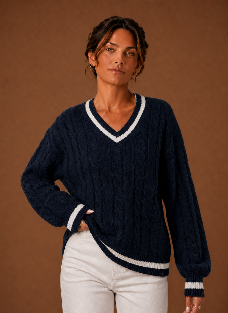 Damen Zopfstrickpullover mit V-Ausschnitt; eleganter Strick für Herbst & Winter; komfortable Damenmode.