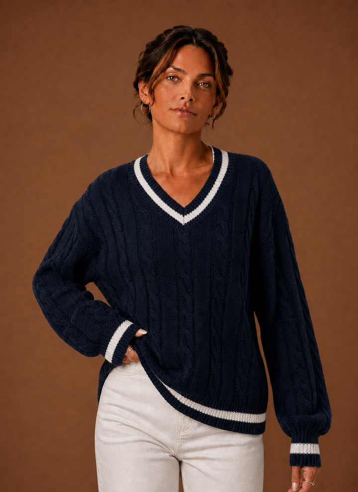 Damen Zopfstrickpullover mit V-Ausschnitt; eleganter Strick für Herbst & Winter; komfortable Damenmode.
