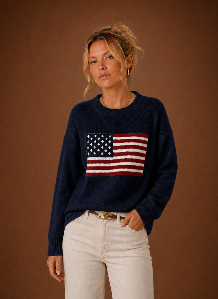 Eleganter Damen Langarm-Pullover mit Rundausschnitt & auffälligem Flaggenmuster. Casual Chic.