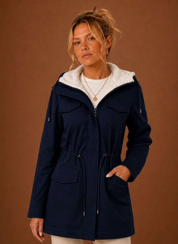 Detailansicht Damen Parka Kapuze: Warmer Pelzbesatz für kalte Tage, stilvolle Wintermode.