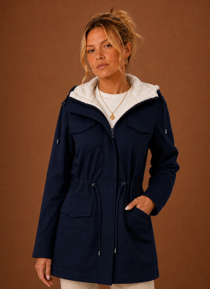 Detailansicht Damen Parka Kapuze: Warmer Pelzbesatz für kalte Tage, stilvolle Wintermode.
