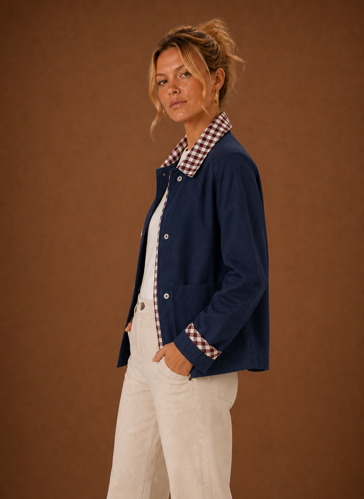 Übergangsjacke Damen Fieldjacke, karierter Kragen, modisch & bequem für Frühling & Herbst.