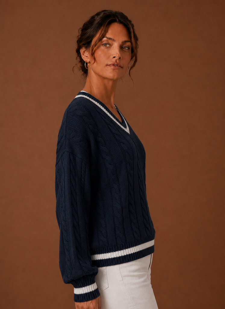 Eleganter Damen Strickpullover mit V-Ausschnitt; Zopfstrick Design; vielseitig kombinierbar für Lagenlook.