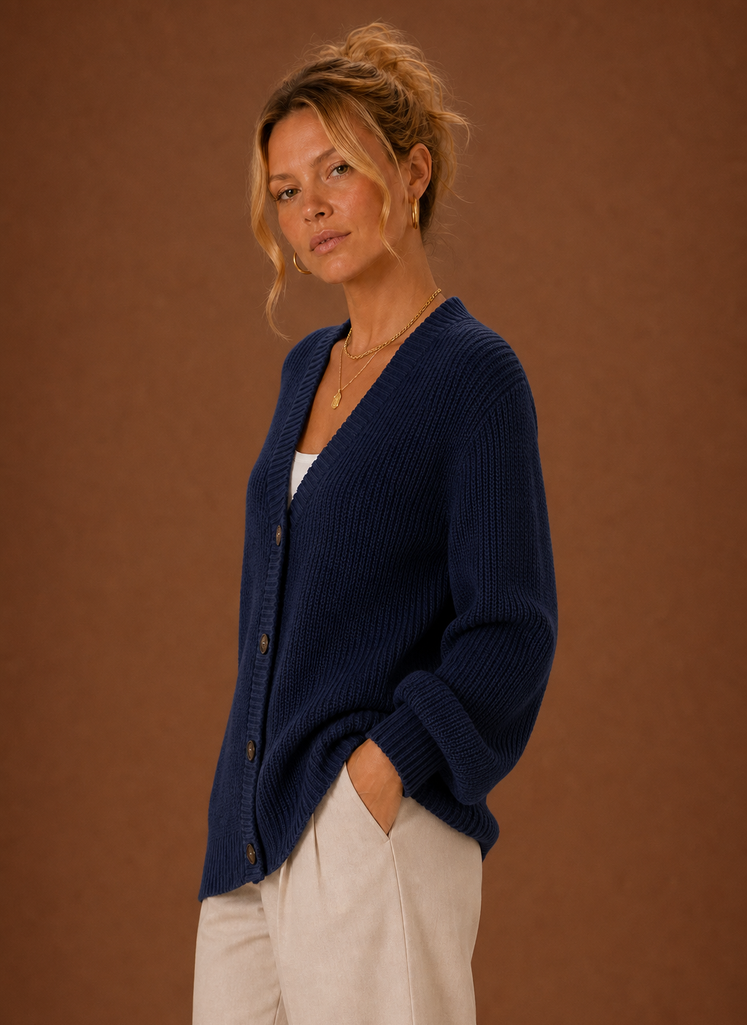Elegante schwarze Damen Strickjacke, V-Ausschnitt, von Model getragen. Klassische Strick-Oberbekleidung.