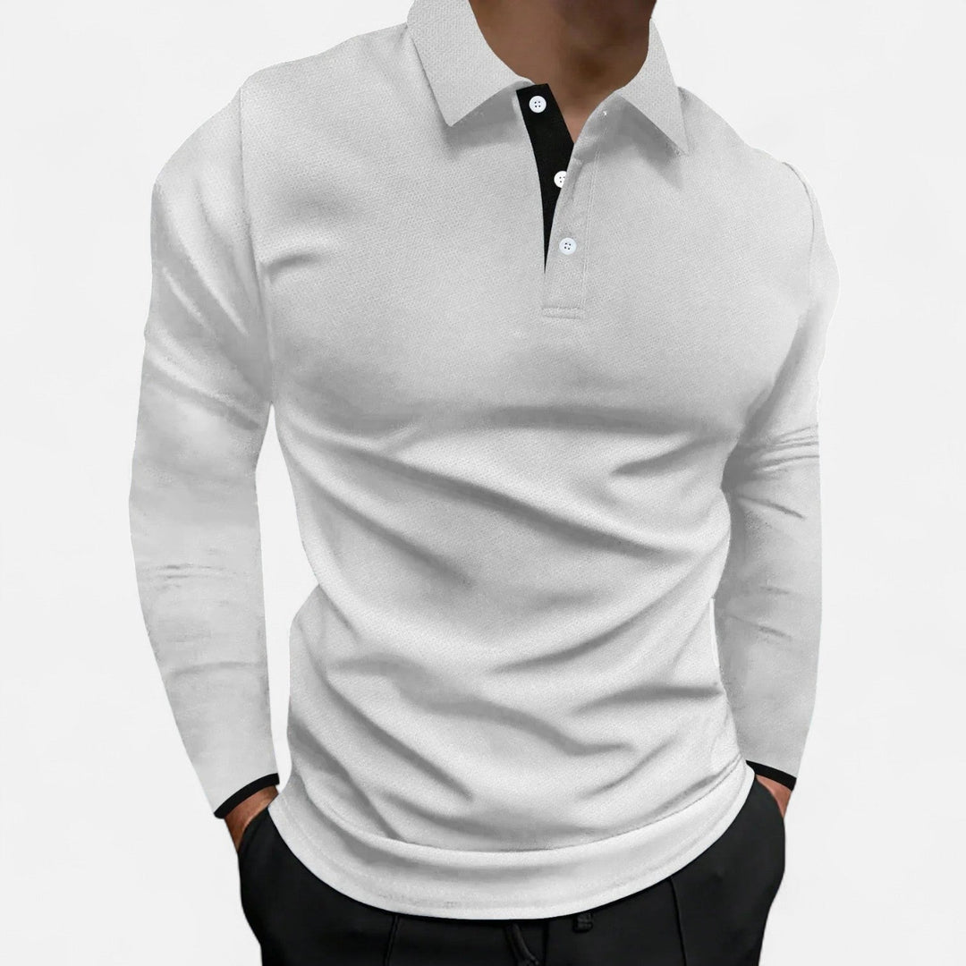 Elegantes Herren Langarm Poloshirt mit stilvollen Kontrastdetails; perfekt für Business Casual und Freizeit.