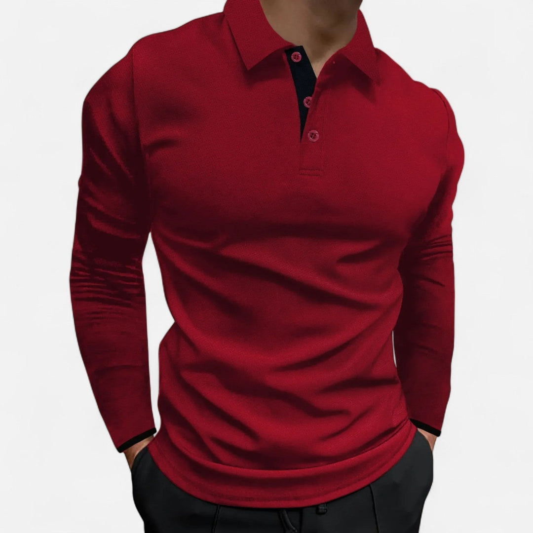 Stilvolles Herren Poloshirt Langarm aus weichem Stoff, mit eleganten Kontrastdetails für gehobene Freizeitmode.