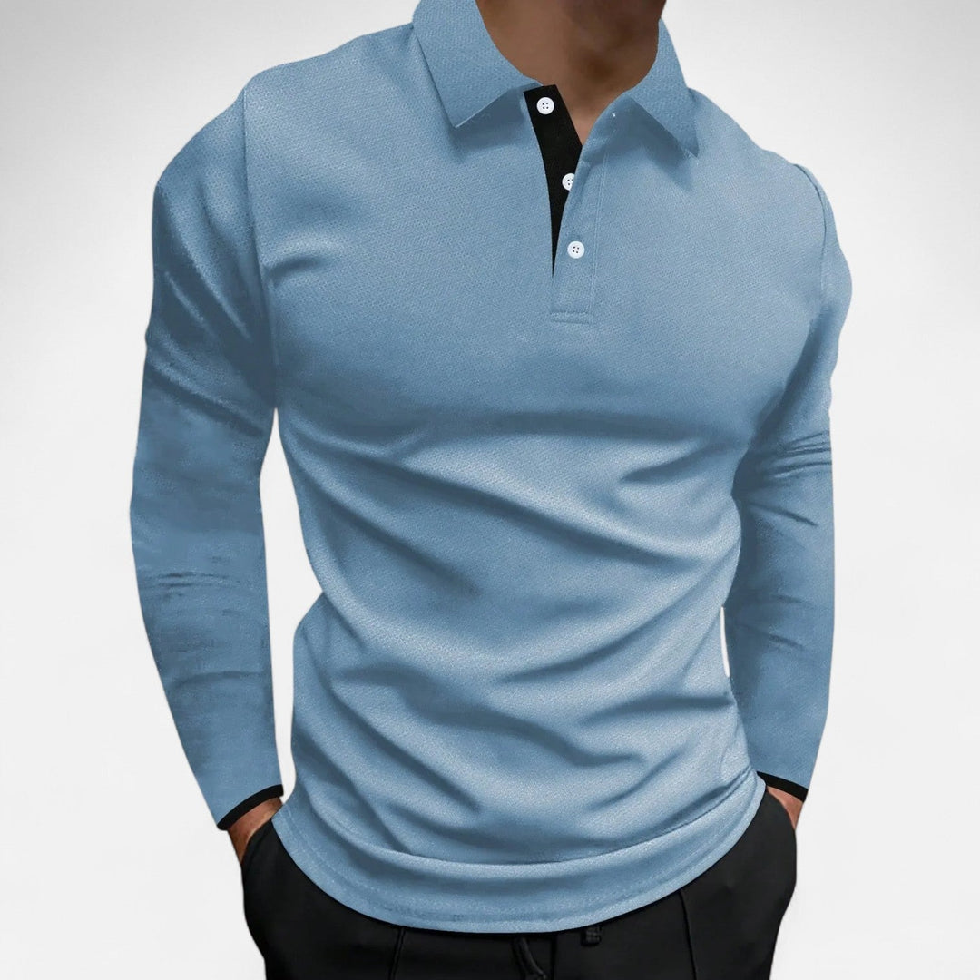 Modernes Herren Langarm Poloshirt, elegant und zeitlos, mit dezenten Kontrastdetails, ideal für den Alltag.