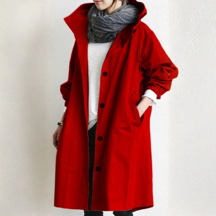 Komfortabler Oversized Khaki Damen Regenmantel, wasserdicht, mit Kapuze für Alltag und Reise.