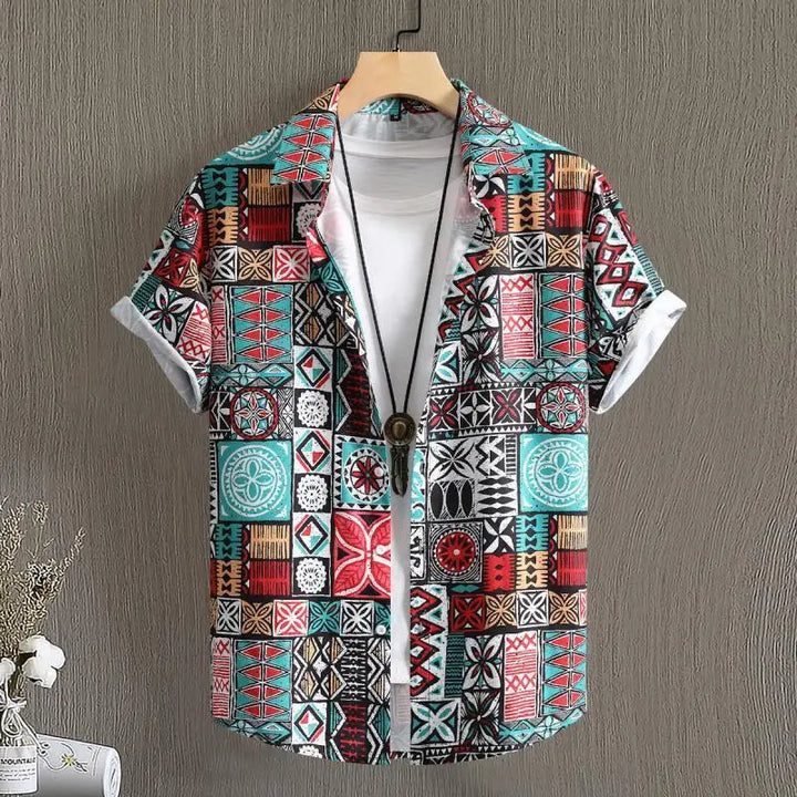 Herren Sommerhemd mit lässigem Boho-Muster und Kurzarm für Strandurlaub.
