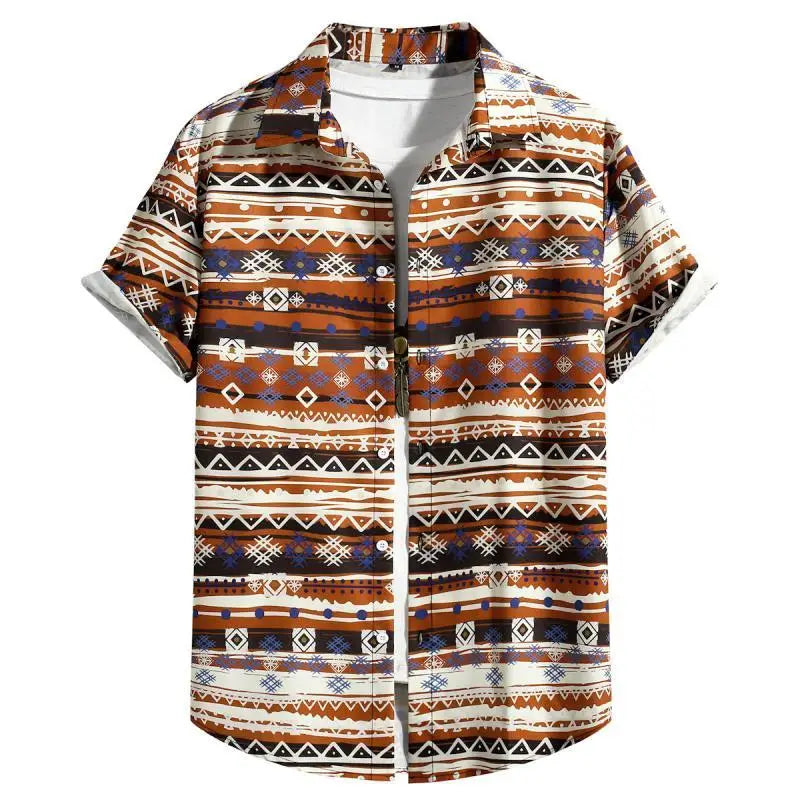 Modernes Herren-Musterhemd, kurzärmlig, mit lässigem Boho-Design.