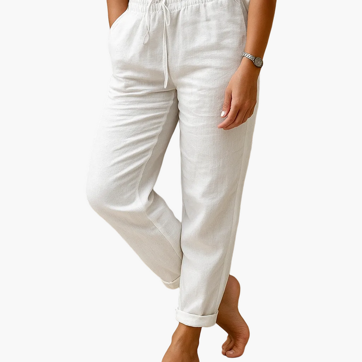 Dunkelblaue Damen Freizeithose mit Kordelzug, weitem Bein, bequem & lässig für Alltag & Urlaub.
