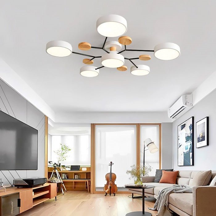 Verzweigte LED-Deckenleuchte im skandinavischen Stil, moderne Wohnzimmerlampe mit warmweißem Licht.