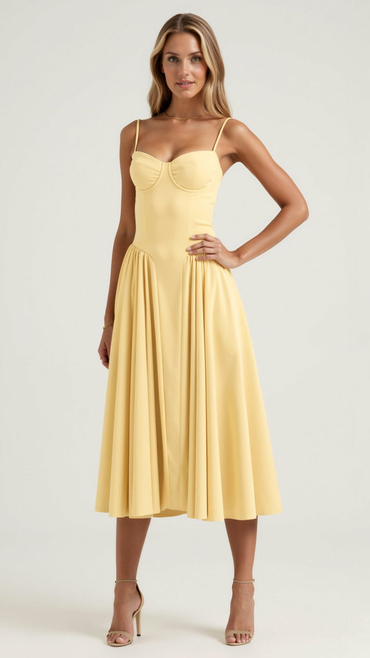 Elegantes graues Damen Midi A-Linien Kleid, ideal als Cocktailkleid für Hochzeit & Party.