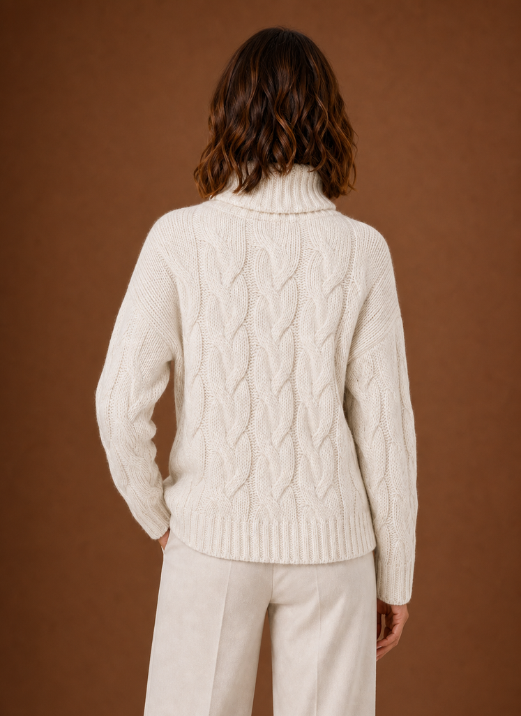 Klassischer Damen Pullover mit Zopfmuster, unverzichtbares Oberteil für die kalte Jahreszeit.